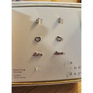 A New Day Sterling Silver Cubic Zirconia 3 pk Love Heart Earrings Gift Boxed